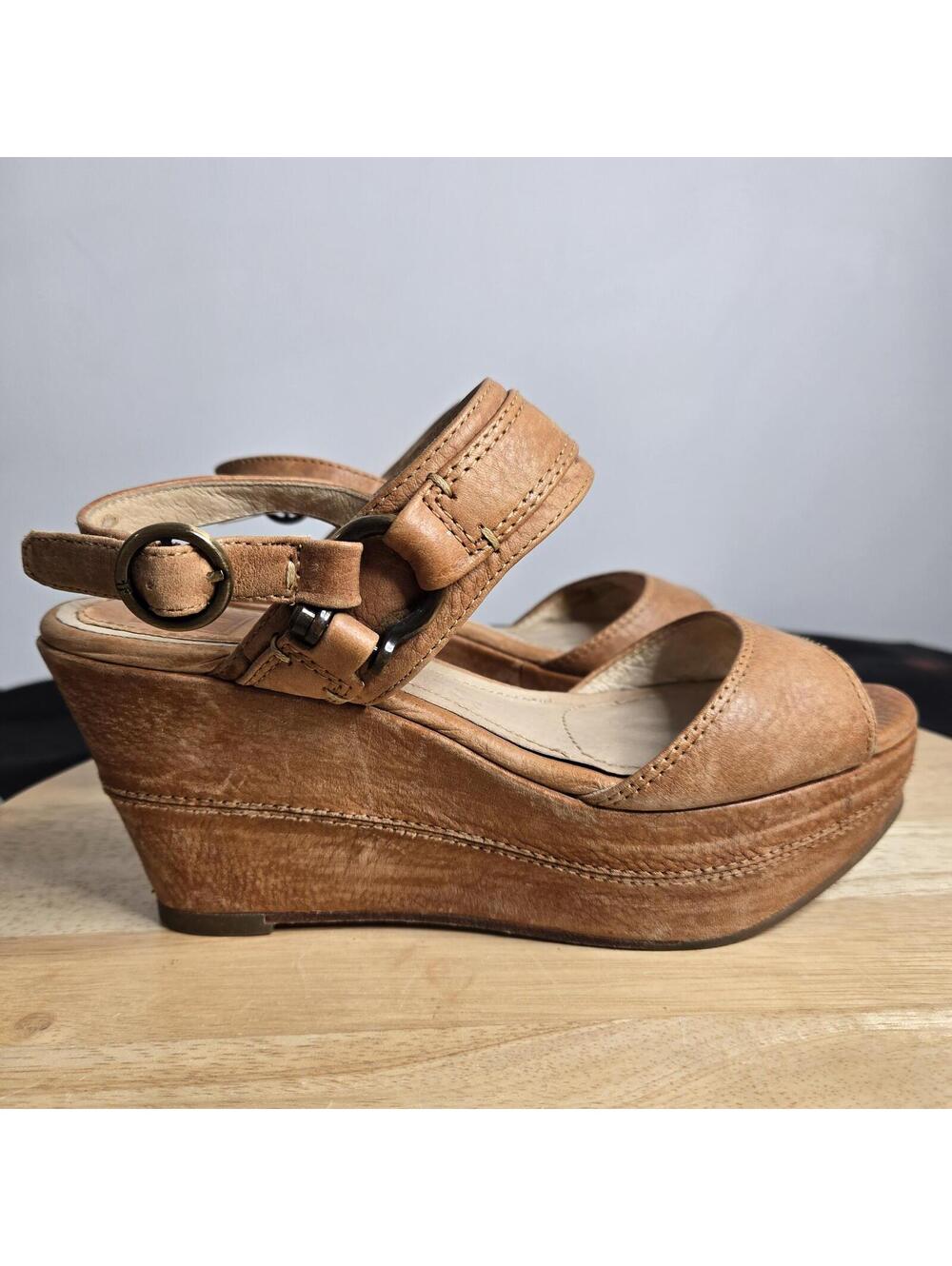 Frye Platform Wedge Leather Sandals Open Toe Buckle Carlie Sling Women's 5.5